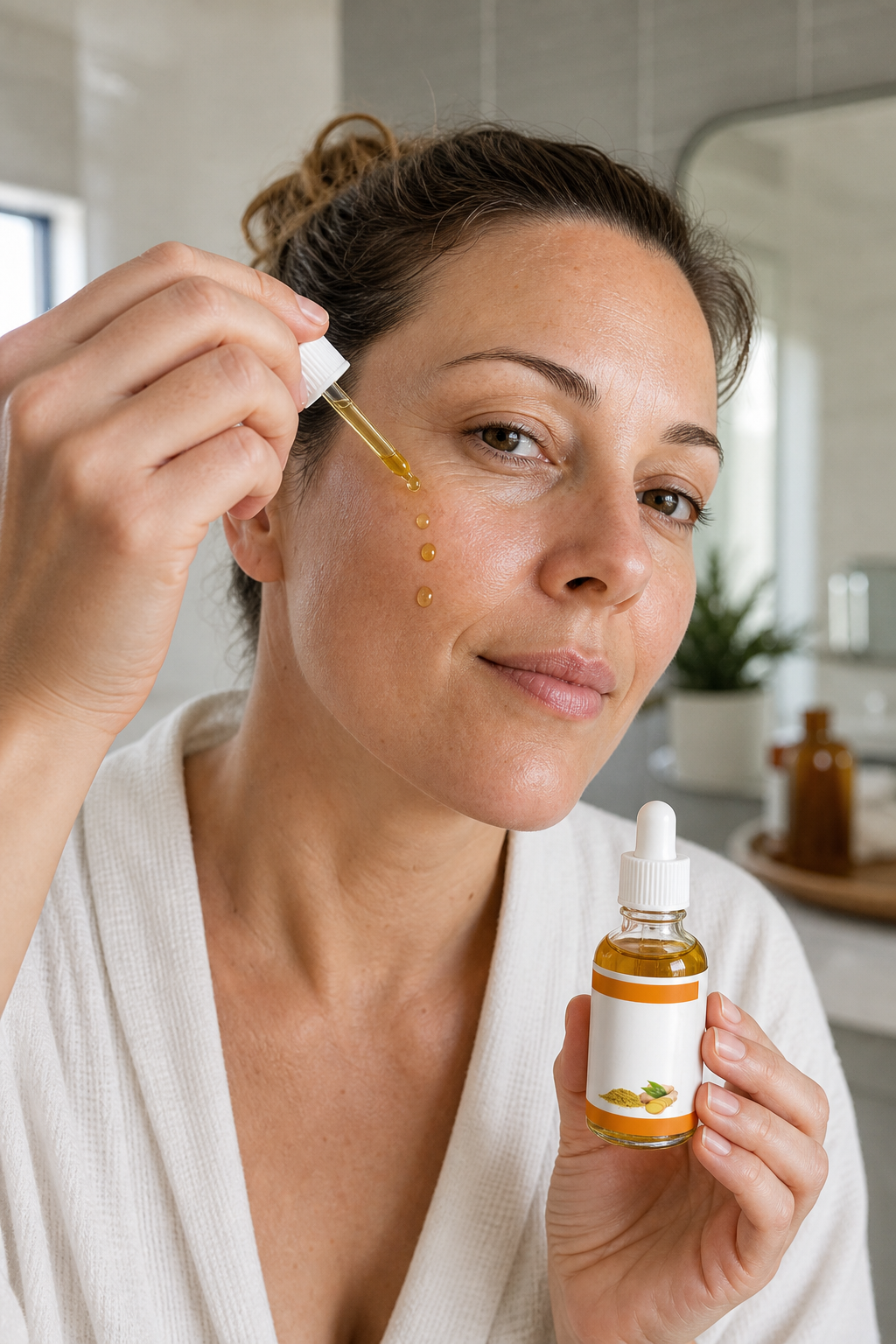 Woman pressing a few drops of turmeric oil into her cheek