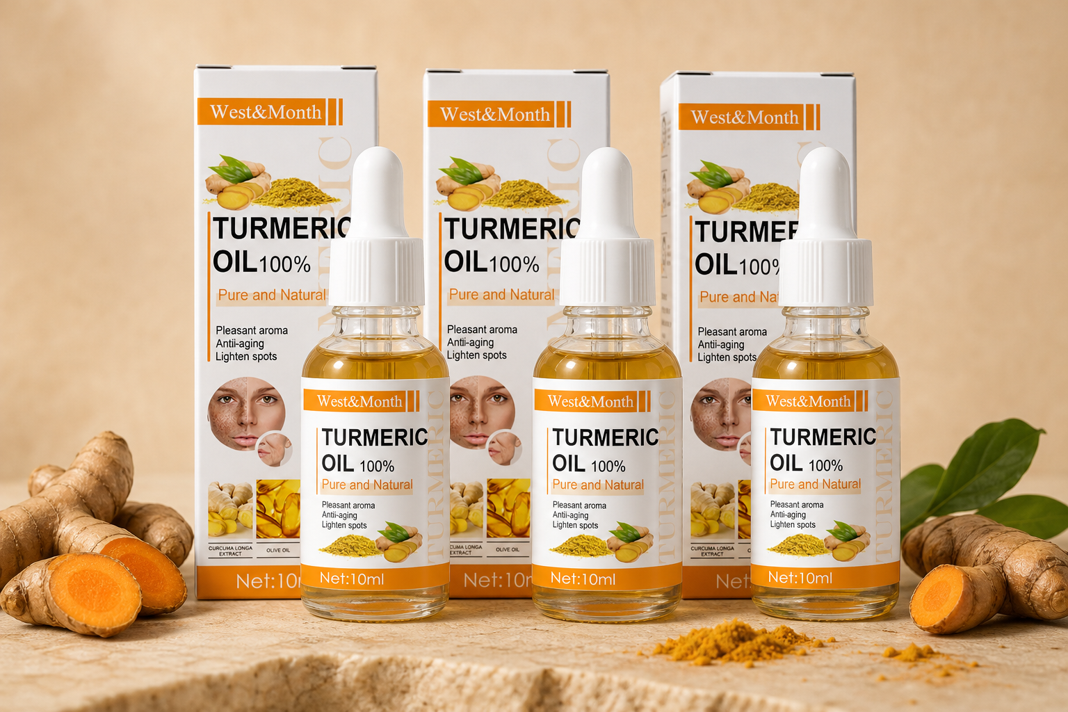 Three Turmeric Radiance Oil bottles with their boxes