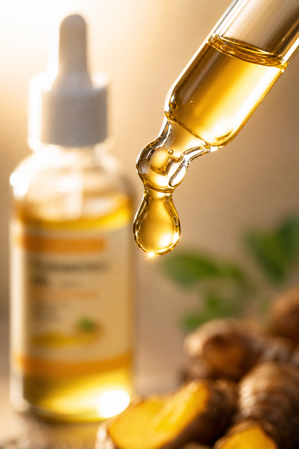 Close-up of a golden drop of turmeric oil falling from the glass dropper