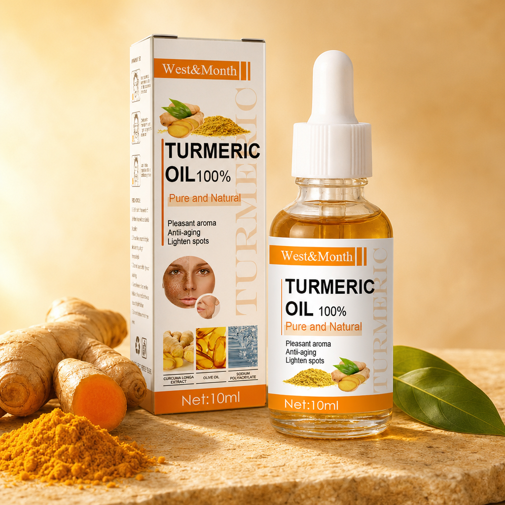 Turmeric Radiance Oil amber dropper bottle in warm morning light