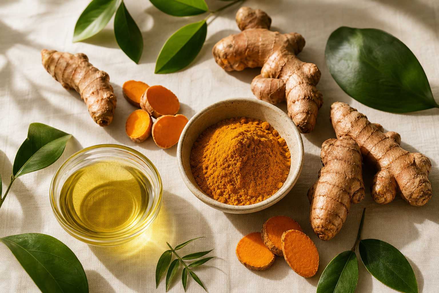 Turmeric root, turmeric powder and olive oil next to the dropper bottle