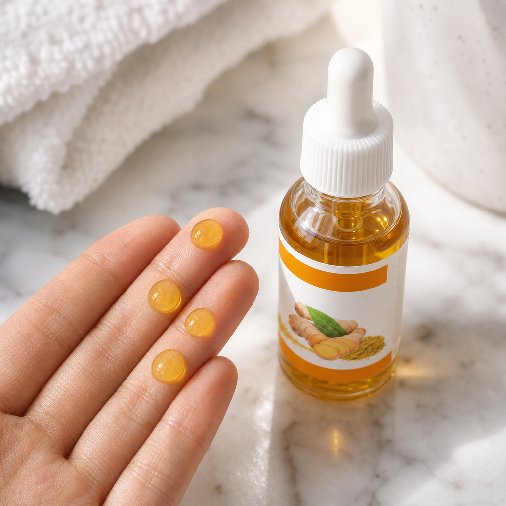 Three to five drops of turmeric oil in the palm of a hand
