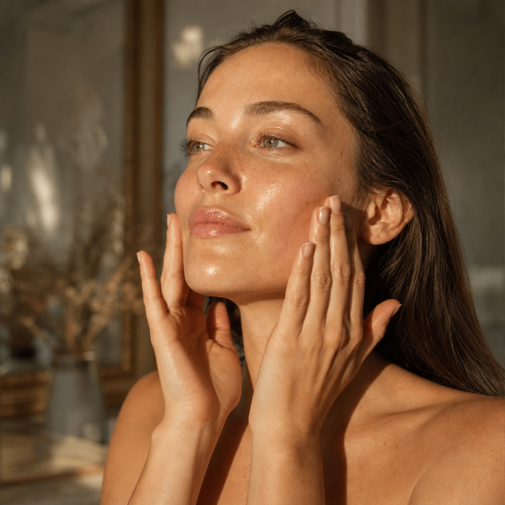 Fingertips massaging the oil into the cheek in upward strokes