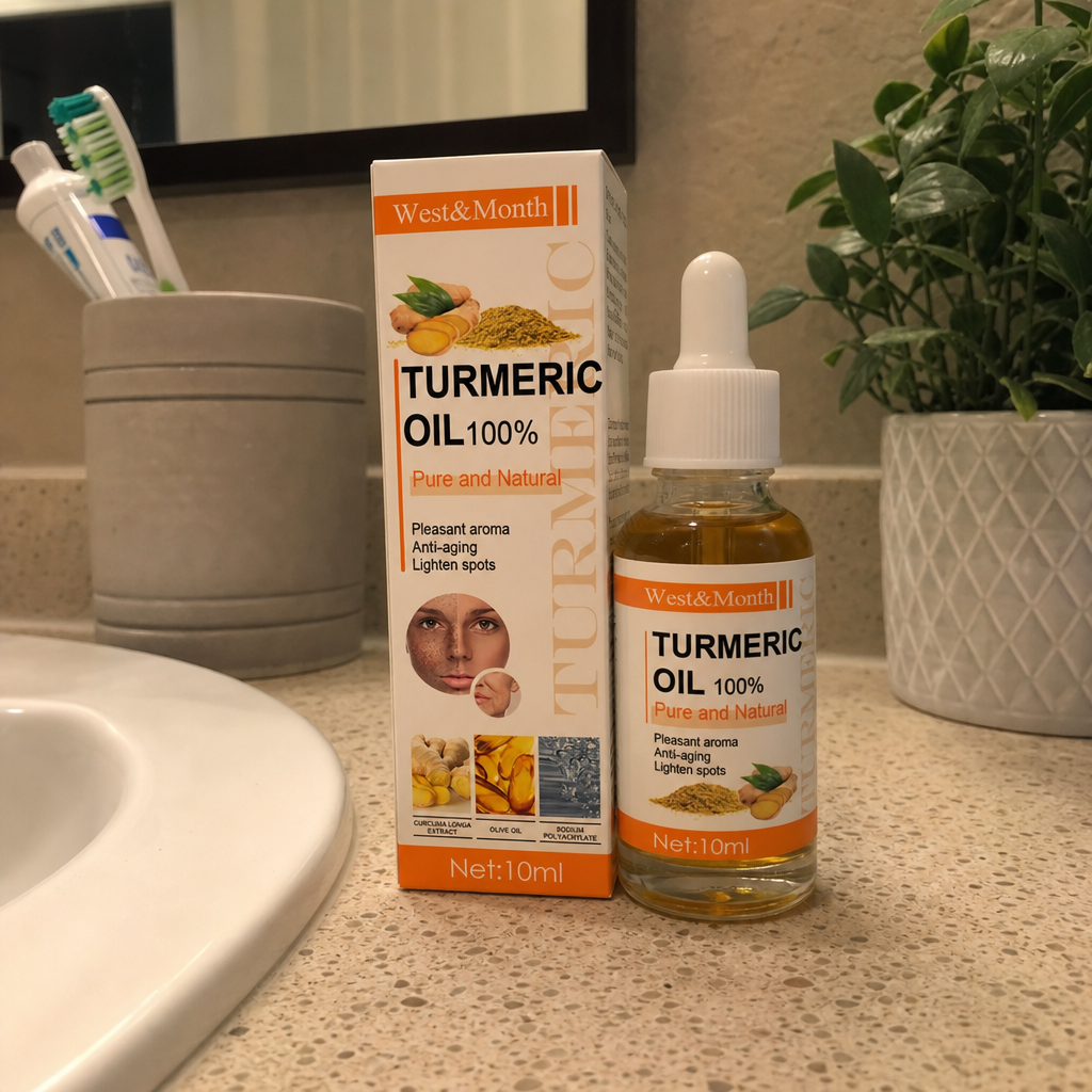 Turmeric Radiance Oil bottle on a bathroom shelf next to a sink